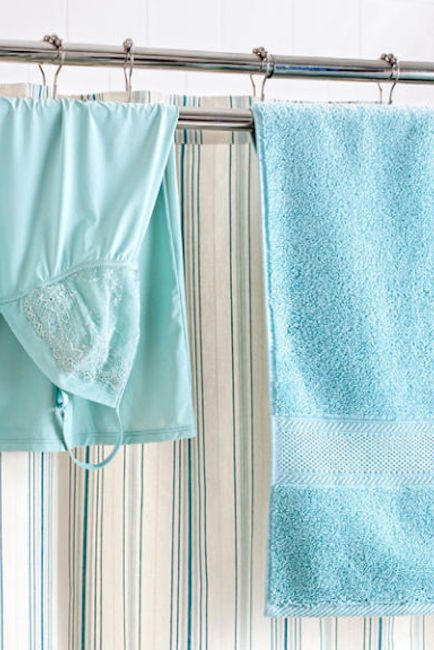 Aqua, Shower curtain, Curtain, Turquoise, Blue, Textile, Teal, Bathroom accessory, Interior design, Window treatment, 