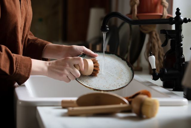 woman washes a plate in the kitchen using eco friendly brushes